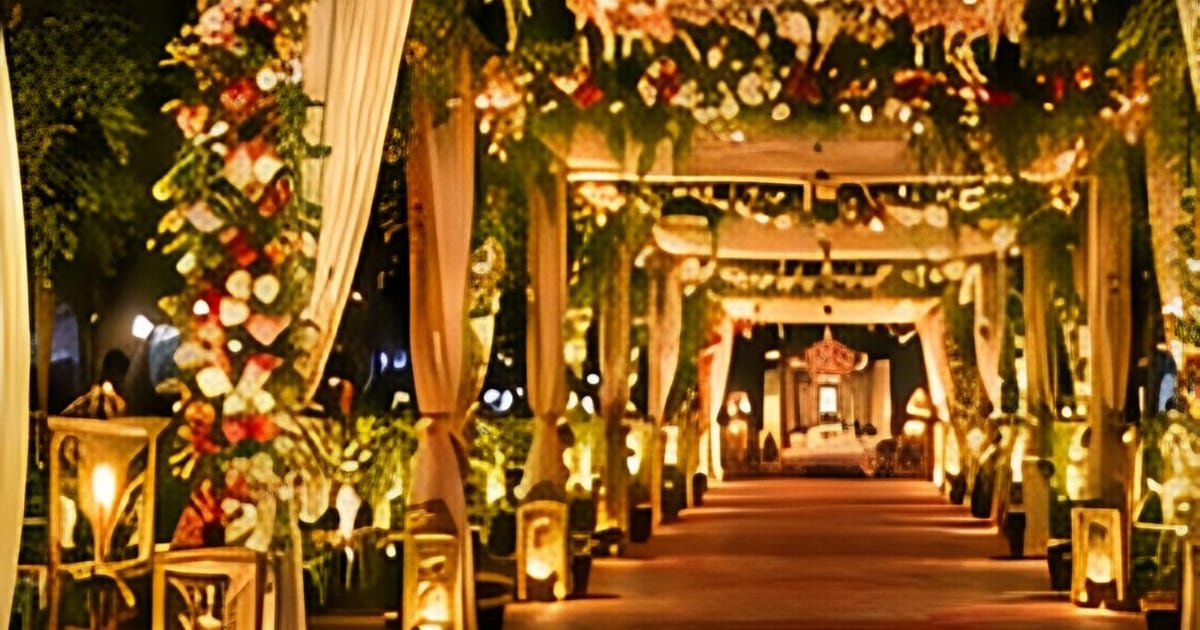 A candle-lit walkway of flowers, curtains and lanterns leading toward a celebration