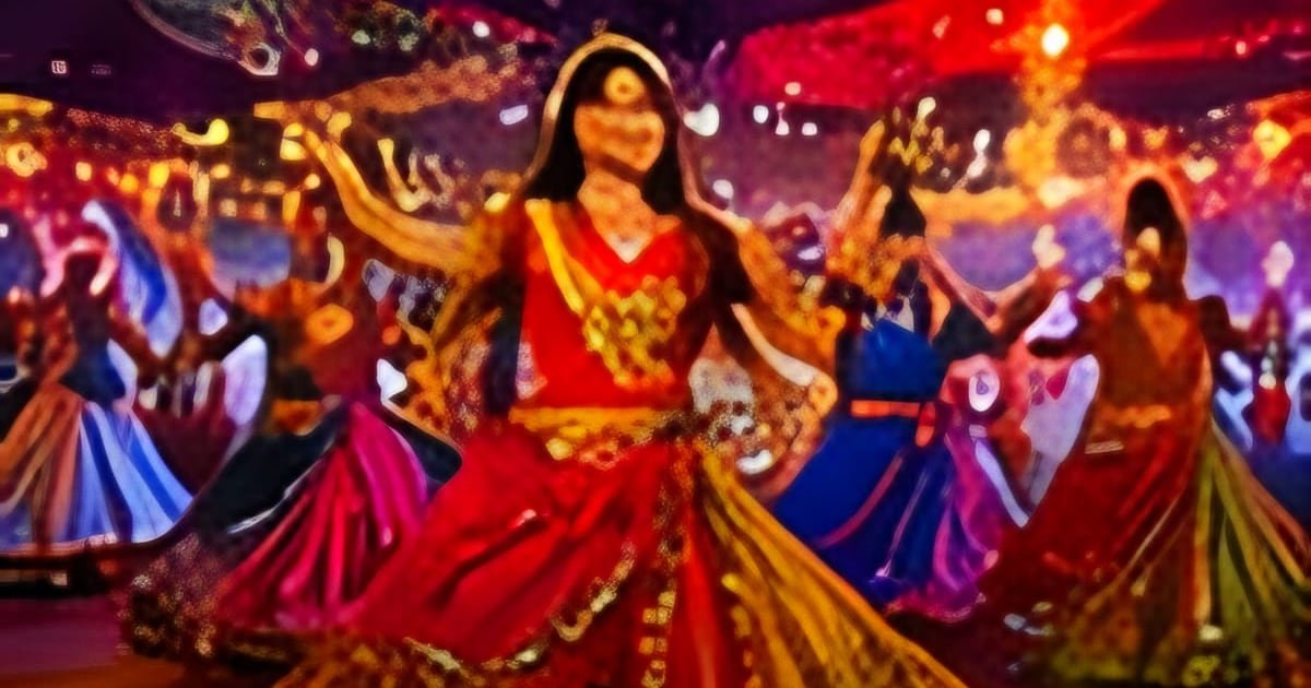 Garba dancers in colourful chaniya choli whirling during Navratri